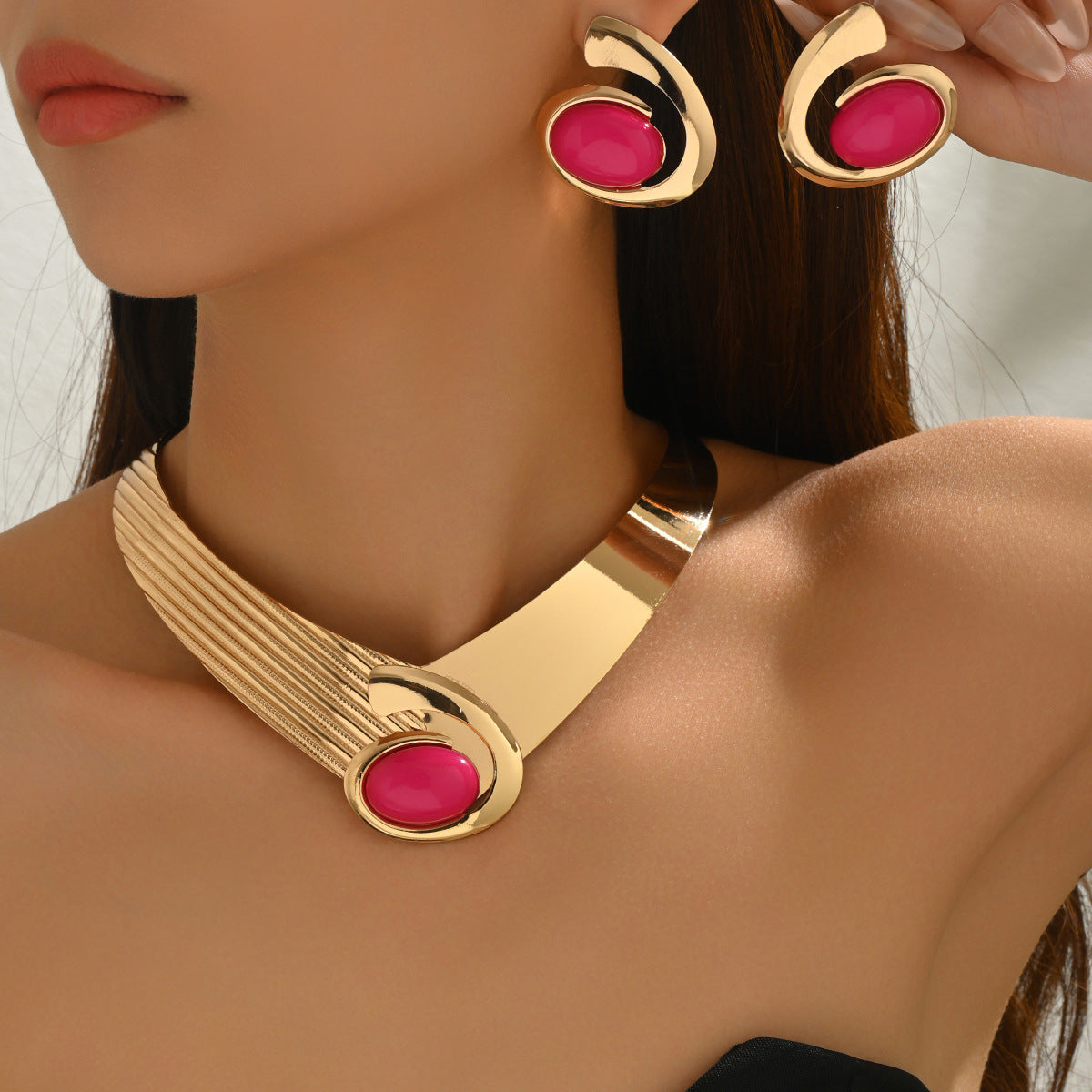 Juego de collar y pendientes de gema incrustada geométrica para mujer, joyería de moda de aleación con motivos circulares de lunares y anillos
