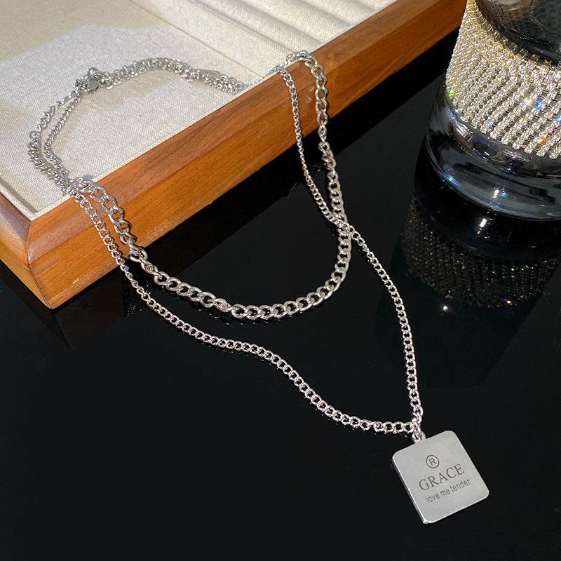 Minimalist Streetwear Silver Plated Titanium Steel Square Geometric Letter Pendant Necklace for Unisex