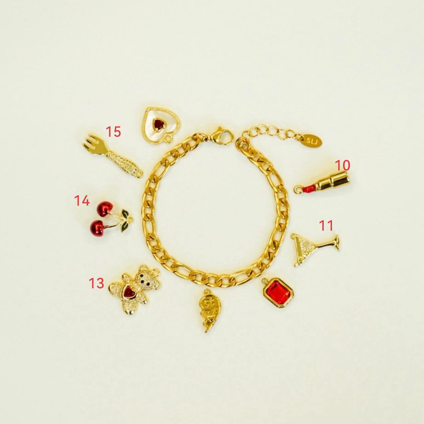 Vintage 18K Gold Plated Stainless Steel Castle Cherry Charm Bar PVD