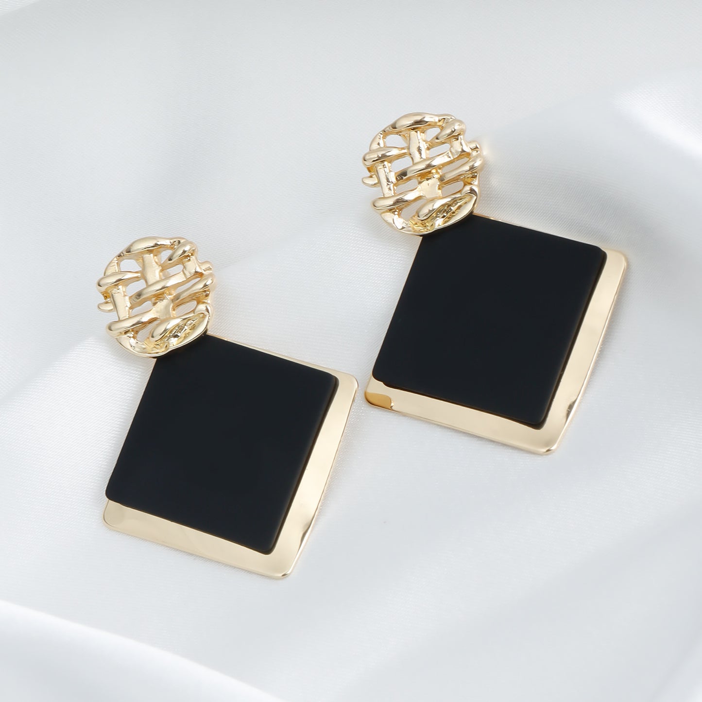 Fashionable Black Square Geometric Stud Earrings for Women with Metallic Finish and Electroplated Surface