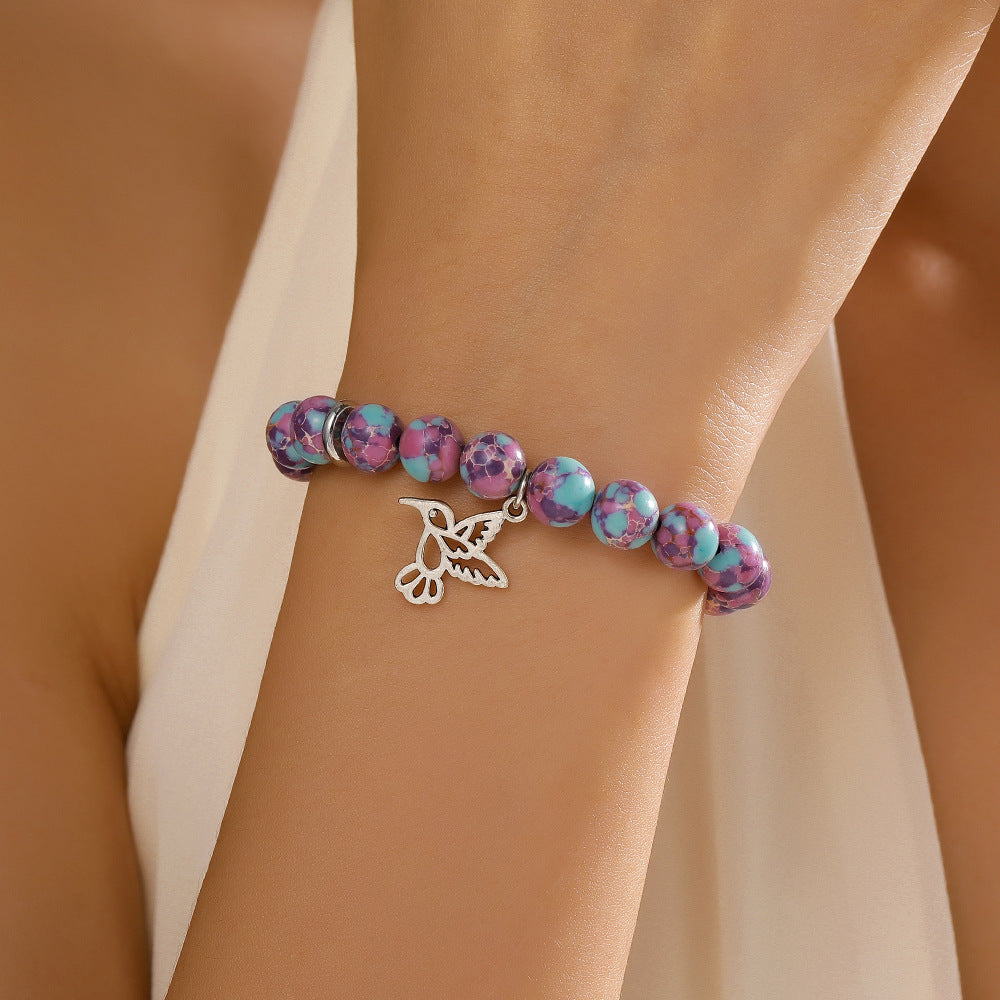Handmade Round Animal Stone Bracelet for Women with Hummingbird and Flamingo Pendant