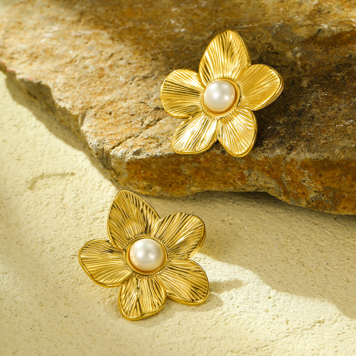 Pendientes de Acero Inoxidable con Forma de Flor Estilo Francés Vintage, Baño de Oro de 18K e Incrustaciones de Ojo de Tigre para Mujer