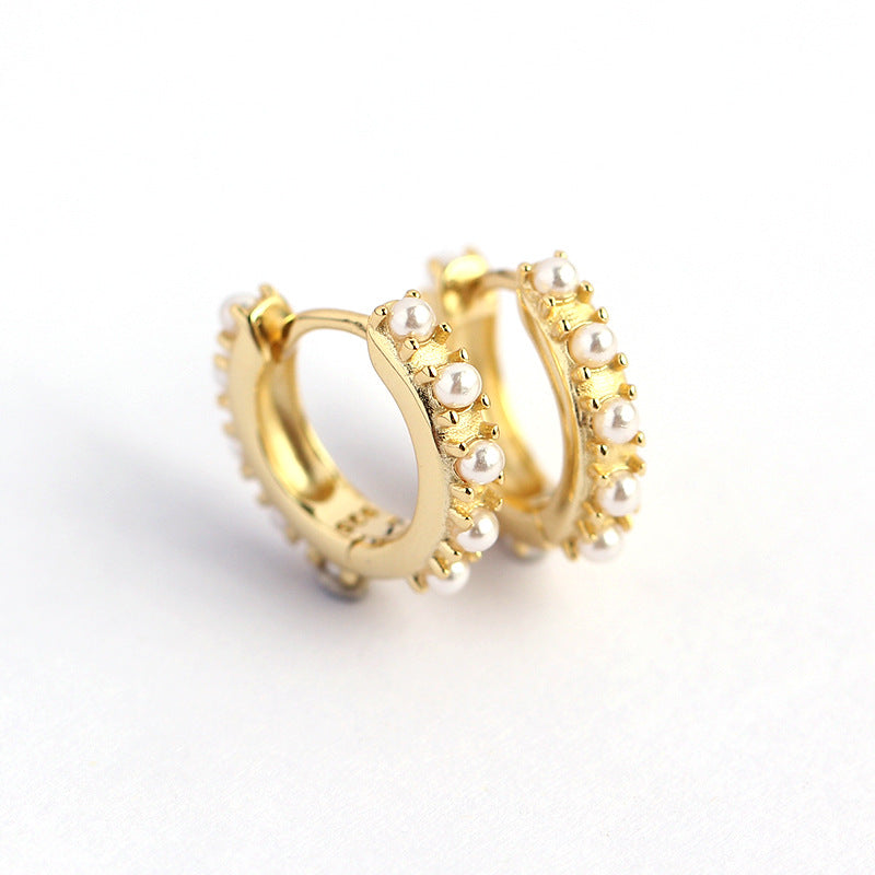 Elegantes pendientes de aro de plata de ley 925 con perlas incrustadas, redondos y geométricos, para mujer