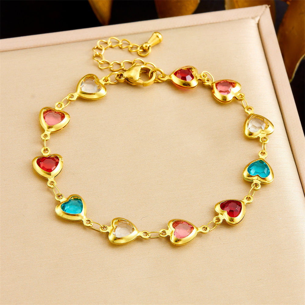 Minimalist Faceted Colorful Glass Rhinestone Heart Charm Stainless Steel Bracelet for Women