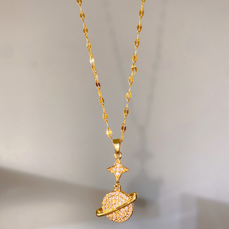 Minimalist Sweet Gold Plated Titanium Steel Planet Star Rhinestone Necklace for Unisex