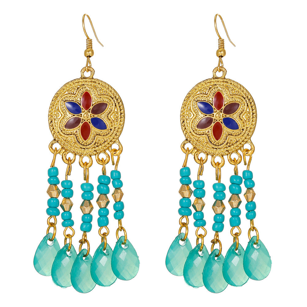 Bohemian Ethnic Geometric Round Drip Oil Plated Alloy Tassel Earrings for Women