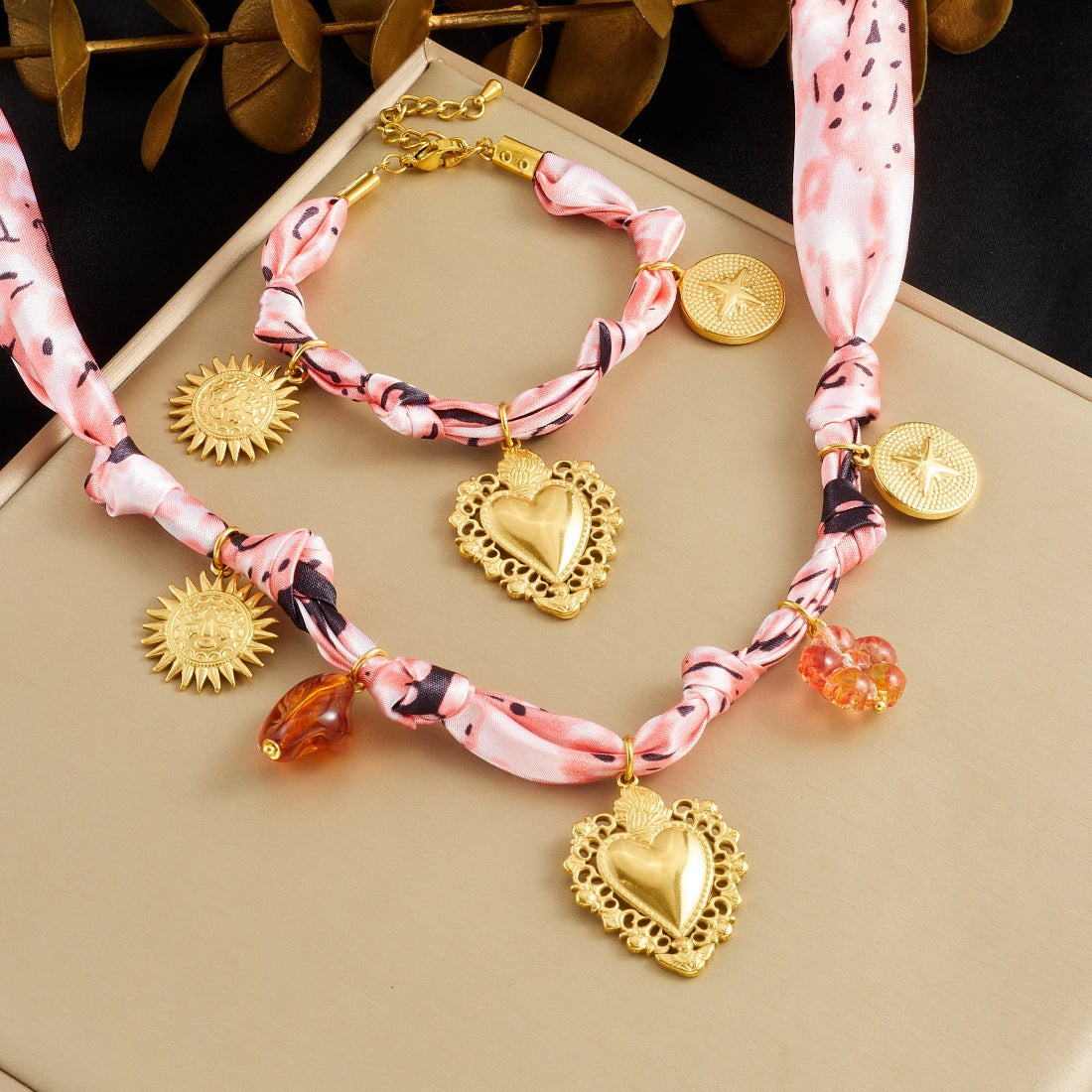Bohemian Vintage Gold Plated Stainless Steel Heart Teardrop Charm Bar Jewelry Set for Women