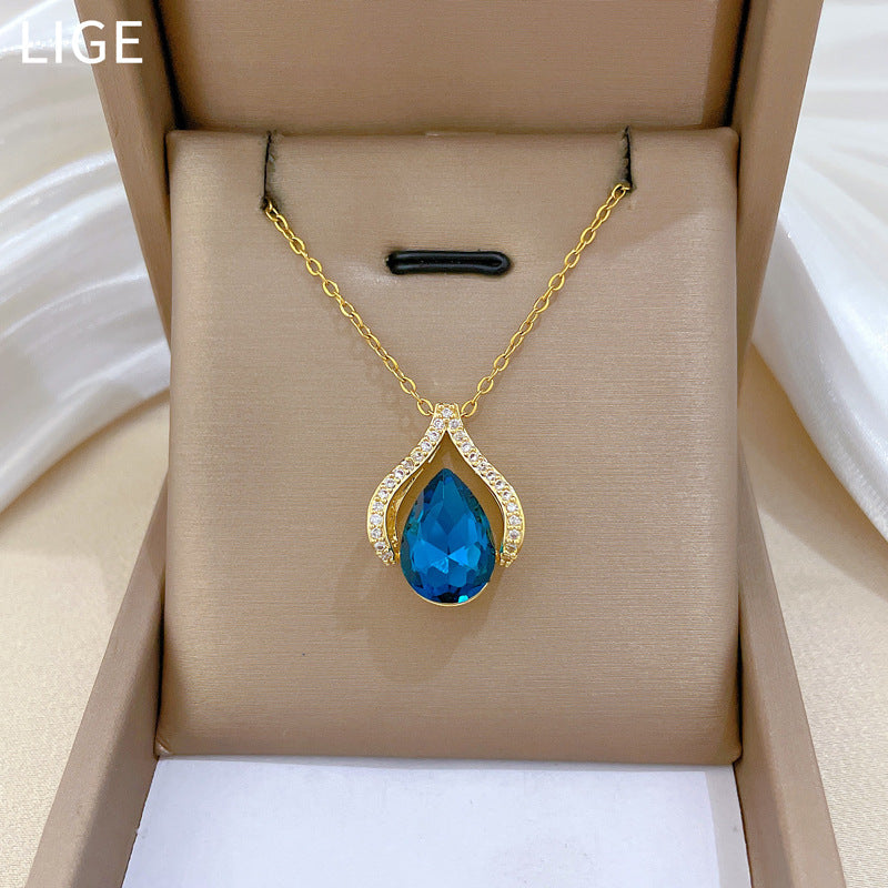 Minimalist Waterdrop-Shaped Titanium Steel Necklace for Women with Rhinestone Inlay and Delicate Chain
