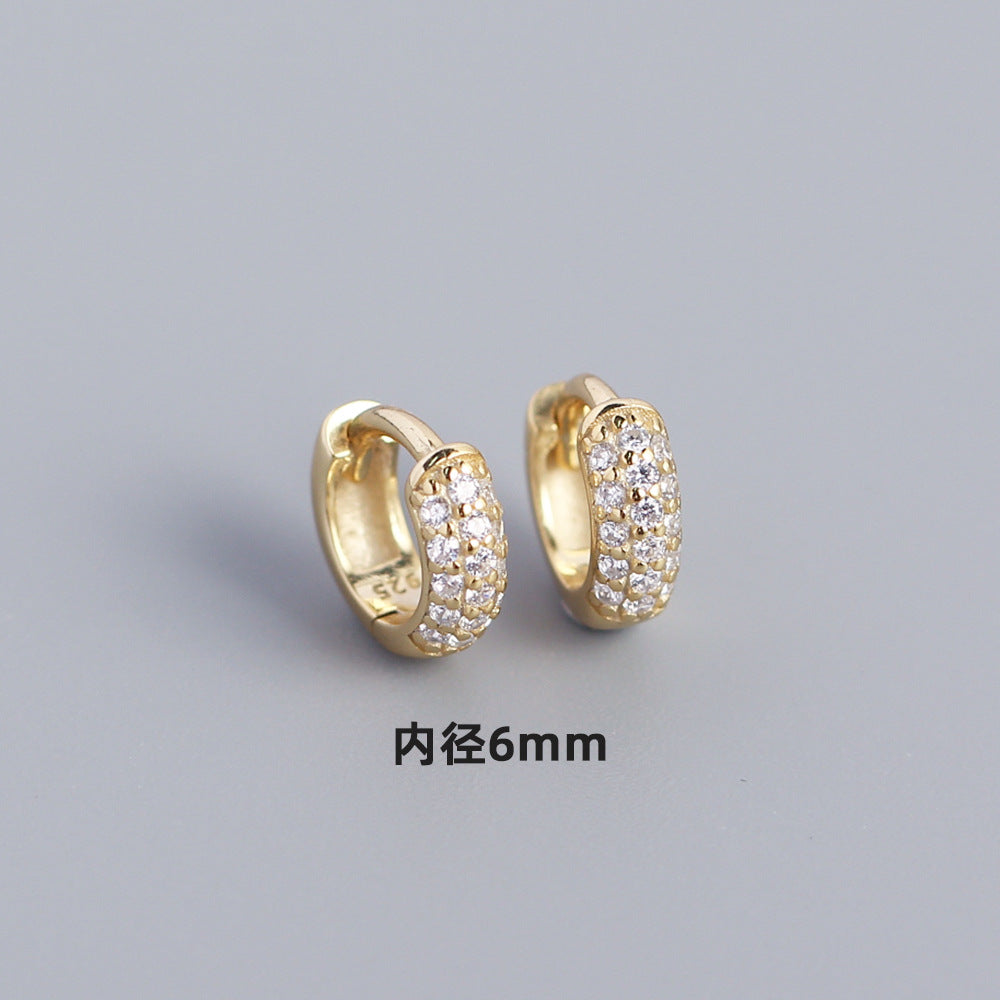 Minimalist Geometric S925 Sterling Silver Huggie Hoop Earrings with Triple Row Rhinestone Inlay