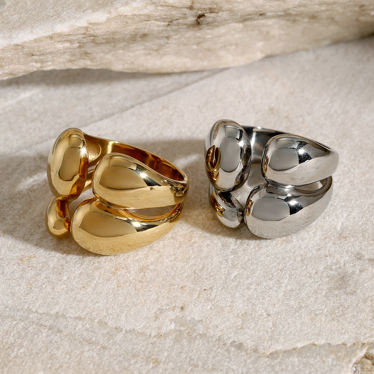 Minimalist 18K Gold Plated Irregular Geometric Double Layer Stainless Steel Ring