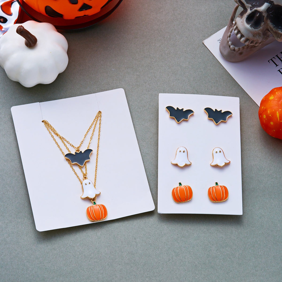 Gothic Cartoon Alloy Plated Necklace with Bat Pumpkin Ghost Charms for Women Halloween Party