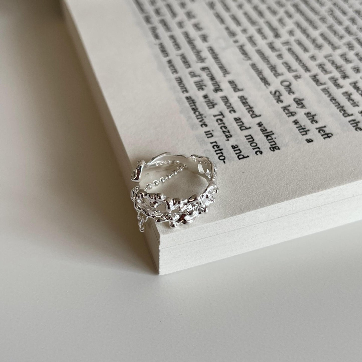 Minimalist Irregular Beaded Silver Ring for Women with Heart Shape Design in 925 Sterling Silver