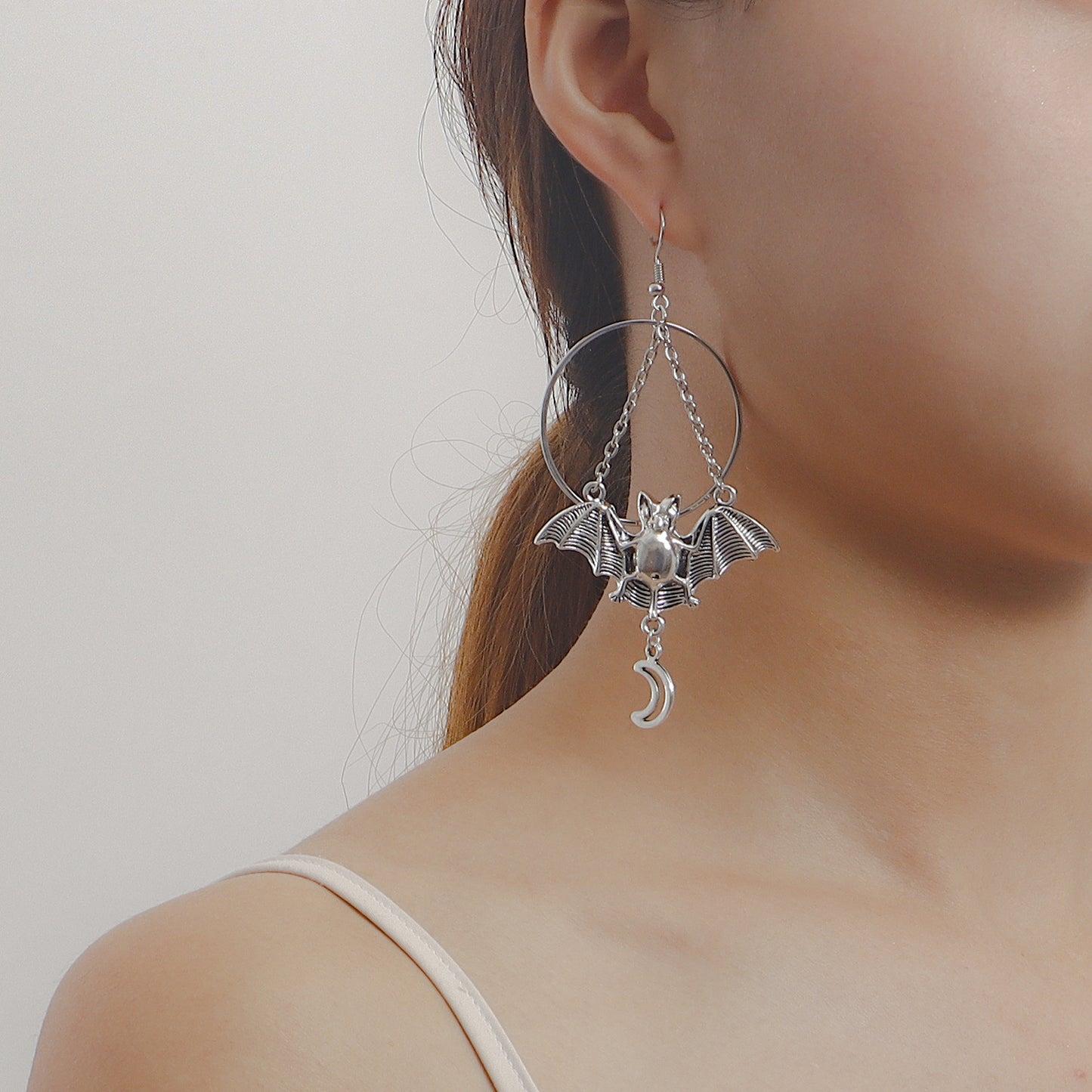 Geometric Batman Pendant Earrings for Women in Alloy with Plated Finish, Minimalist Circular Hoop Design