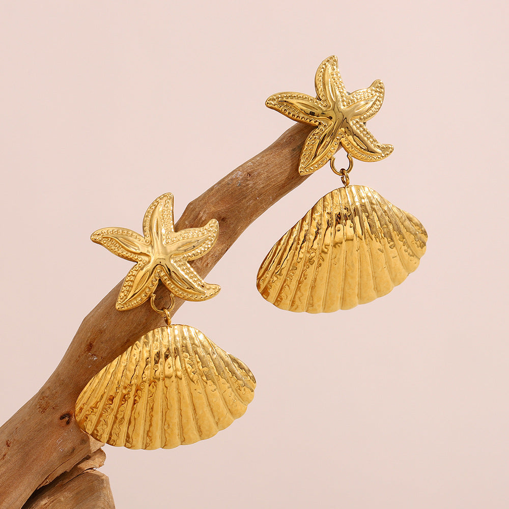Orecchini da donna alla moda a forma di stella in acciaio inossidabile placcati oro 18 carati con inserti in conchiglia