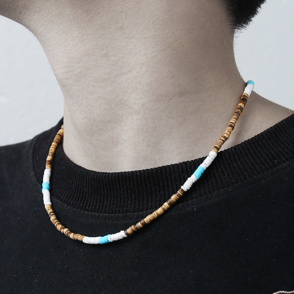 Bohemian Vintage Ethnic Punk Hip-hop Geometric Round Wood Bead Stainless Steel Ball Chain Necklace