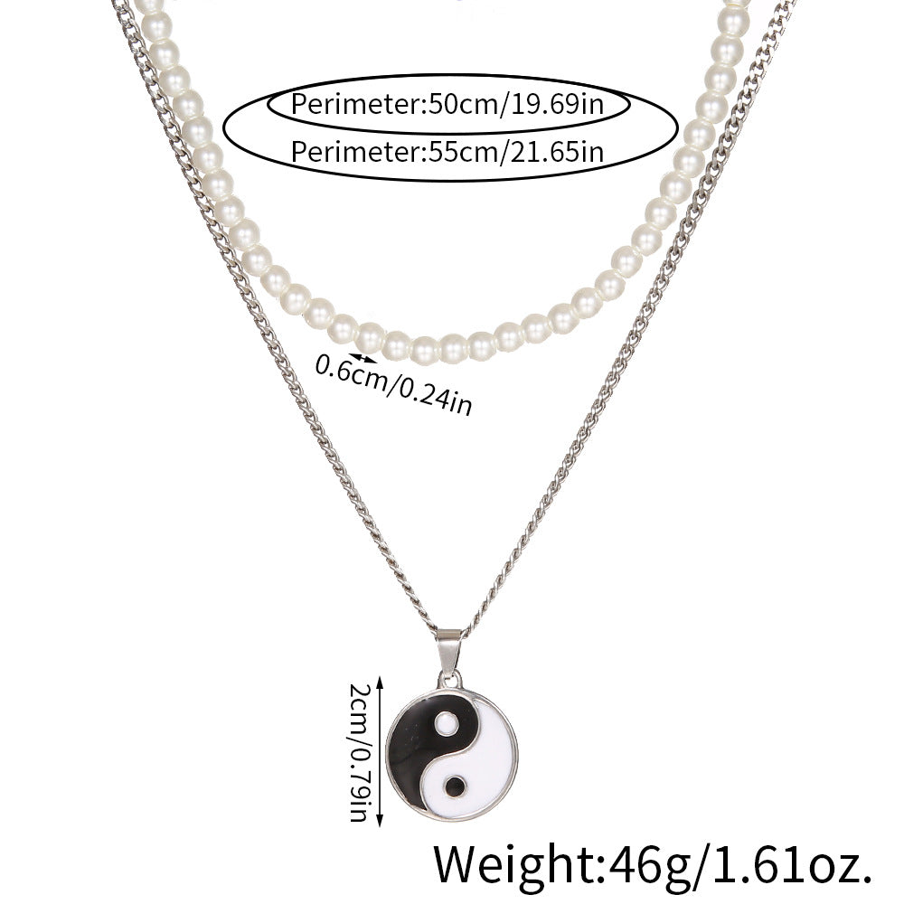 Hip-hop Geometric Round Stainless Steel Necklace with Alloy Tai Chi Pendant and Double Layer Pearls for Unisex