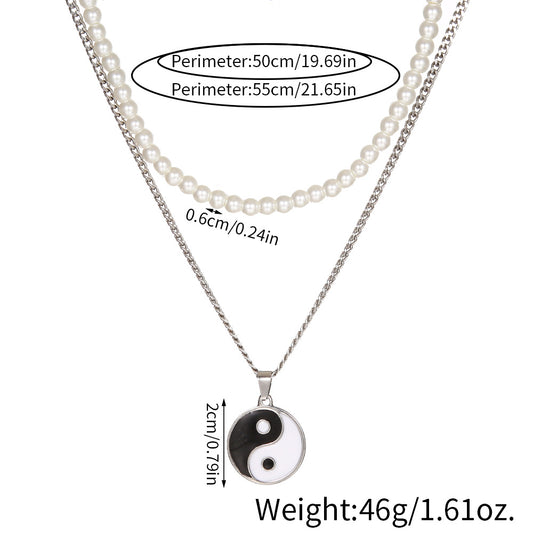 Hip-hop Geometric Round Stainless Steel Necklace with Alloy Tai Chi Pendant and Double Layer Pearls for Unisex