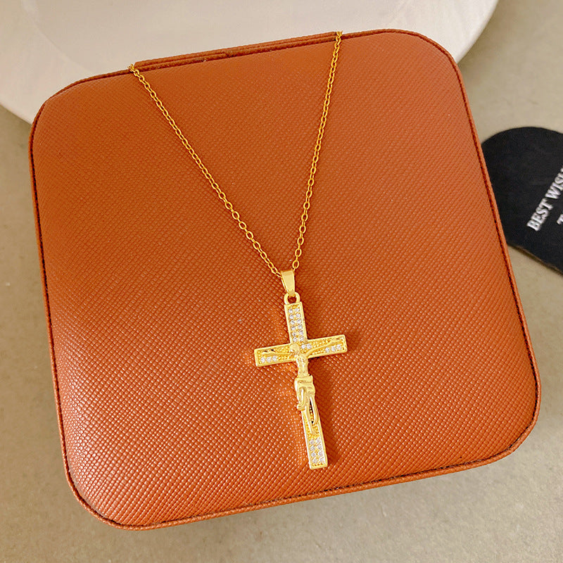Sporty Sweet 18K Gold Plated Cross Titanium Steel Necklace with Cubic Zirconia for Women
