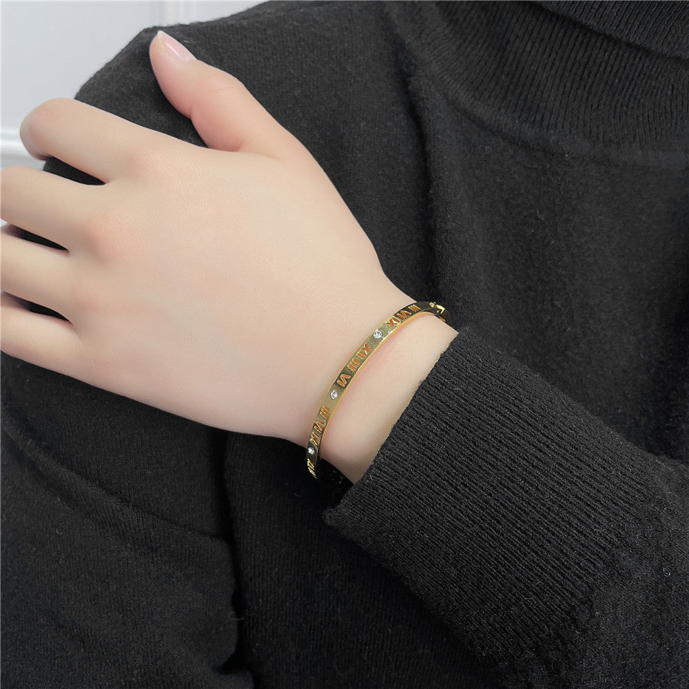 Minimalist Hollow Titanium Steel Roman Number Bracelet with Rhinestone Inlay for Unisex