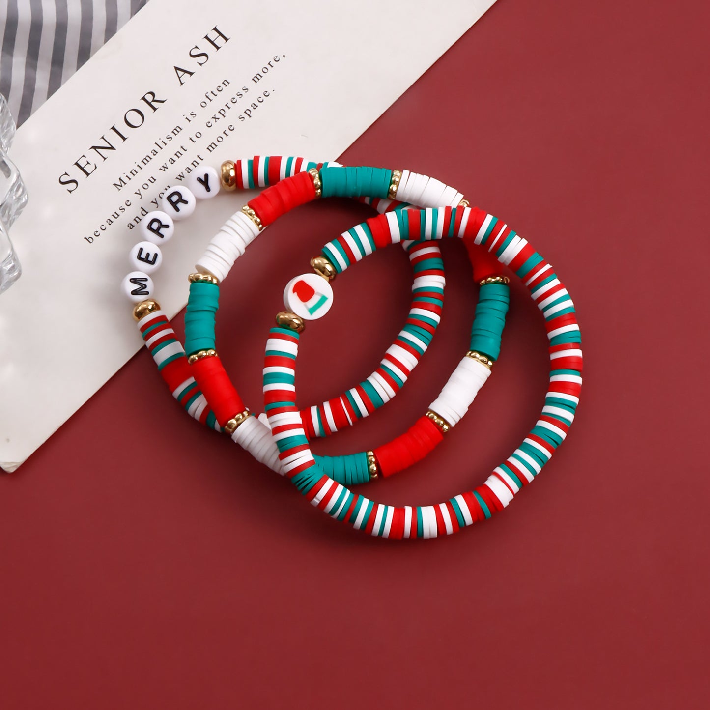 INS Style Geometric Shape Polymer Clay Elastic Bracelet for Women with Plated Finish Christmas Gift