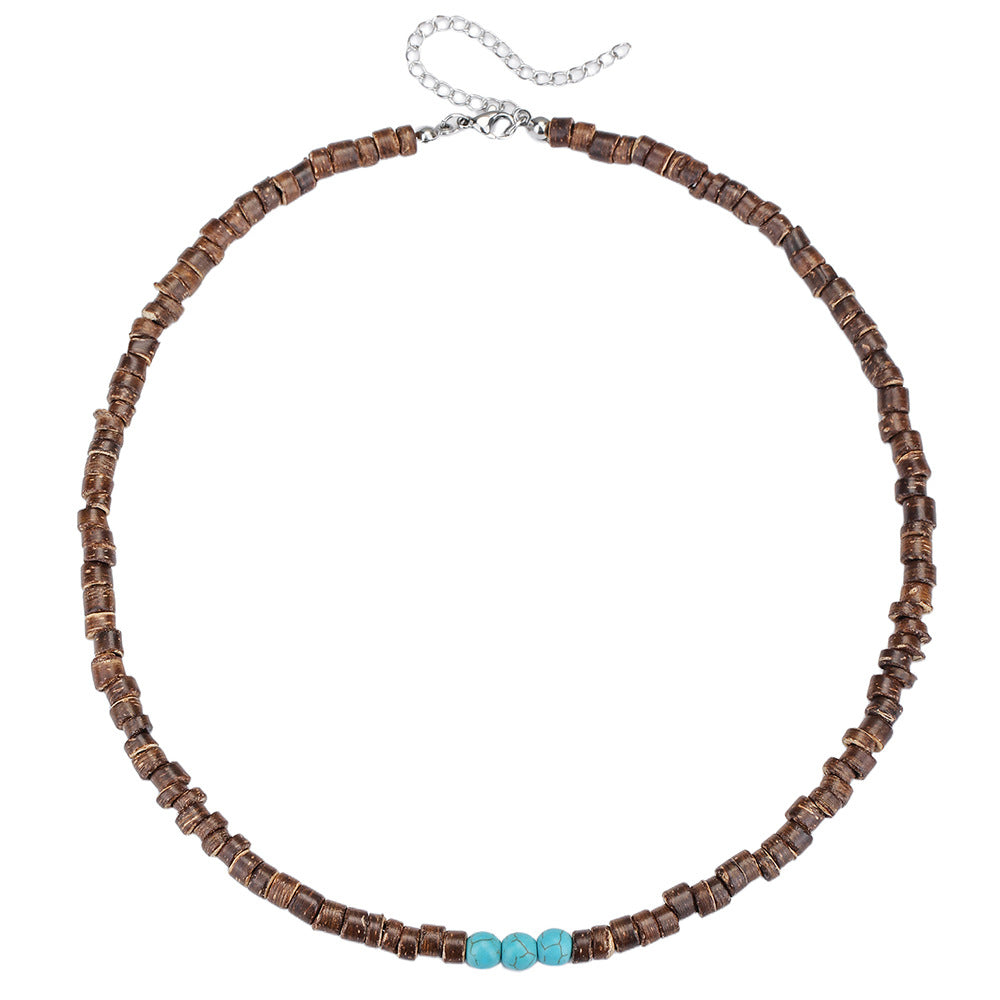 Vintage Bohemian Ethnic Geometric Wood Bead Turquoise Stainless Steel Ball Chain Necklace for Unisex