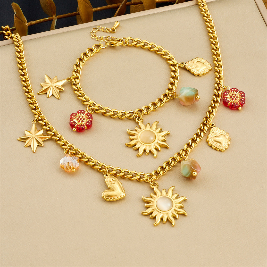 Vintage Gold Plated Sun Star Geometric Acrylic Beaded Printed Stainless Steel Jewelry Set for Women
