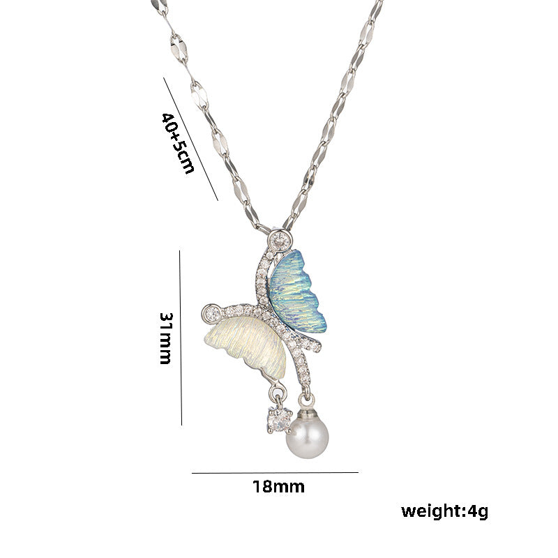 Minimalist Asymmetrical Butterfly Pearl Necklace for Women in Titanium Steel with Electroplated Finish