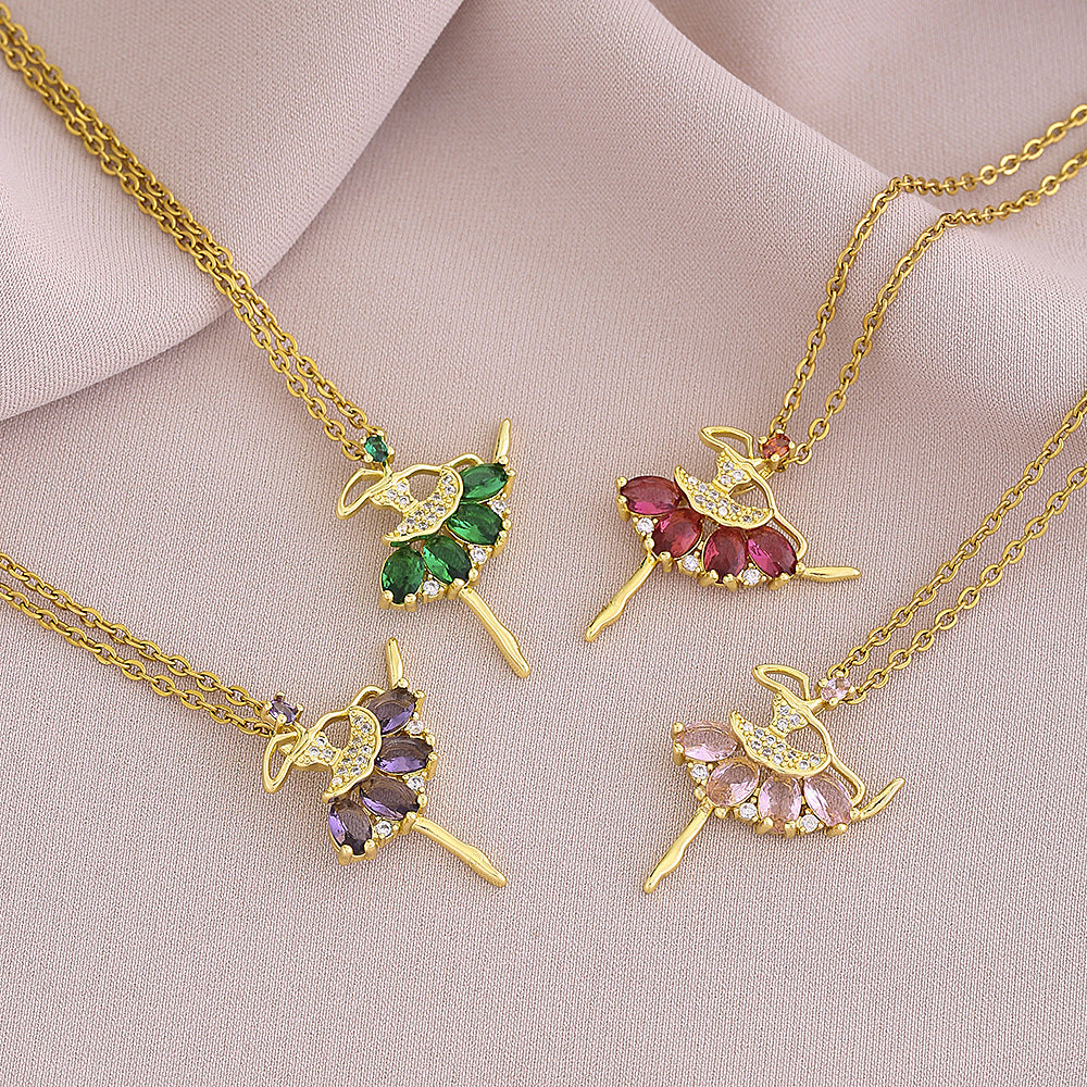 Elegante Collar Colgante de Bailarina de Ballet para Mujer en Cobre con Incrustaciones de Circonita Cúbica en Cadena O-Chain, Cadena de Clavícula de Lujo Minimalista