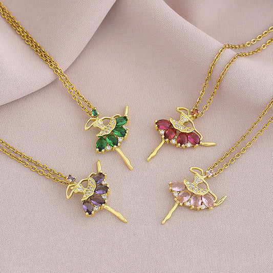 Elegante Collana con Ciondolo Ballerina per Donne in Rame con Intarsio di Zirconia Cubica su Catena a O Minimalista di Lusso per Clavicola