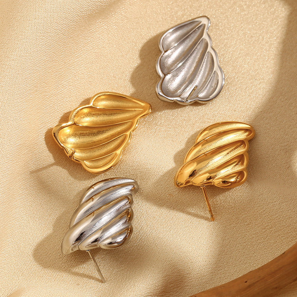 Fashionable Minimalist Geometric Wing Texture Stainless Steel Earrings with 18K Gold Plating for Women