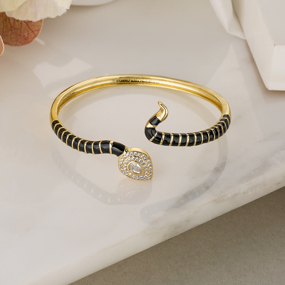 Bohemian Style Snake-Shaped Enamel Zirconia Cuff Bracelet for Women