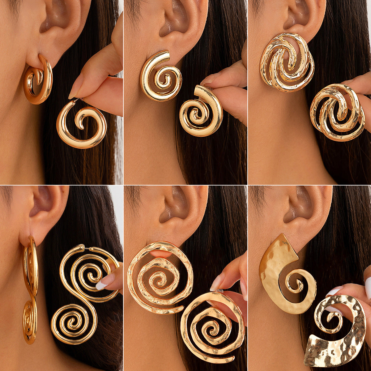 Orecchini geometrici a conchiglia traforati vintage da donna con lega placcata oro e design a spirale