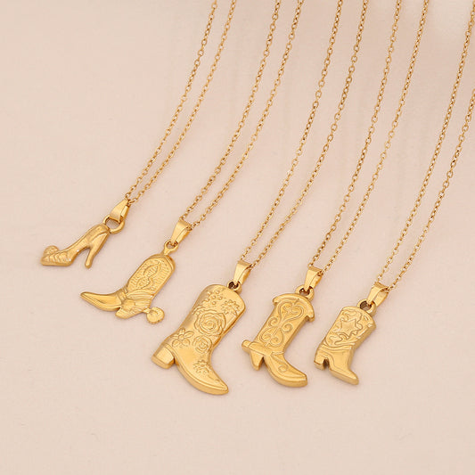 Collar de acero inoxidable con colgante con forma de bota, estilo personalidad y acabado chapado, para mujer