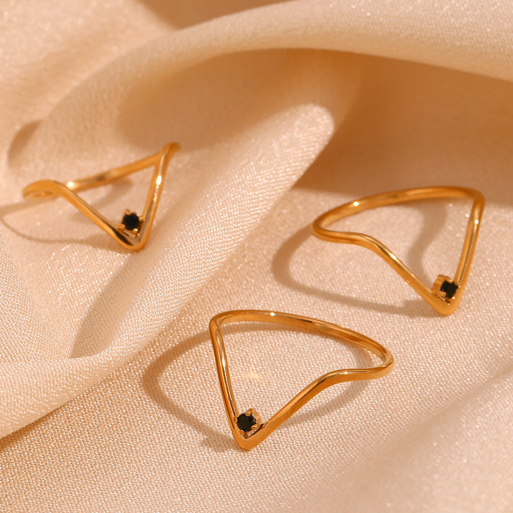 Minimalist Geometric Stainless Steel Ring with 18K Gold Plating and Micro-Pavé Rhinestones for Women