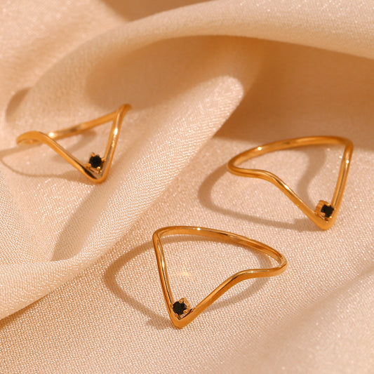 Minimalist Geometric Stainless Steel Ring with 18K Gold Plating and Micro-Pavé Rhinestones for Women