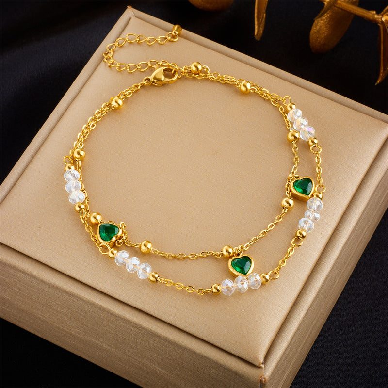 Cavigliera Minimalista Ispirata al Vintage a Doppio Strato con Perle a Cuore e Stella in Strass in Acciaio al Titanio