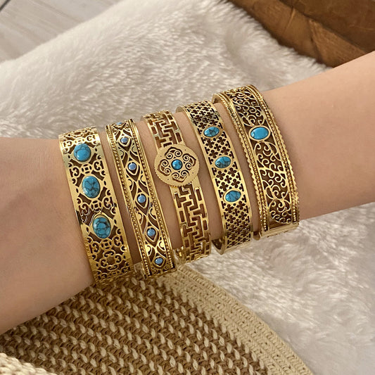 Vintage Style Turquoise-Inspired Hollow Stainless Steel Bracelet with Plated Finish