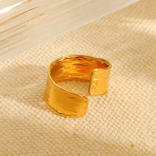 Minimalist Geometric Titanium Steel Ring with 18K Gold Plating and Textured Surface for Women
