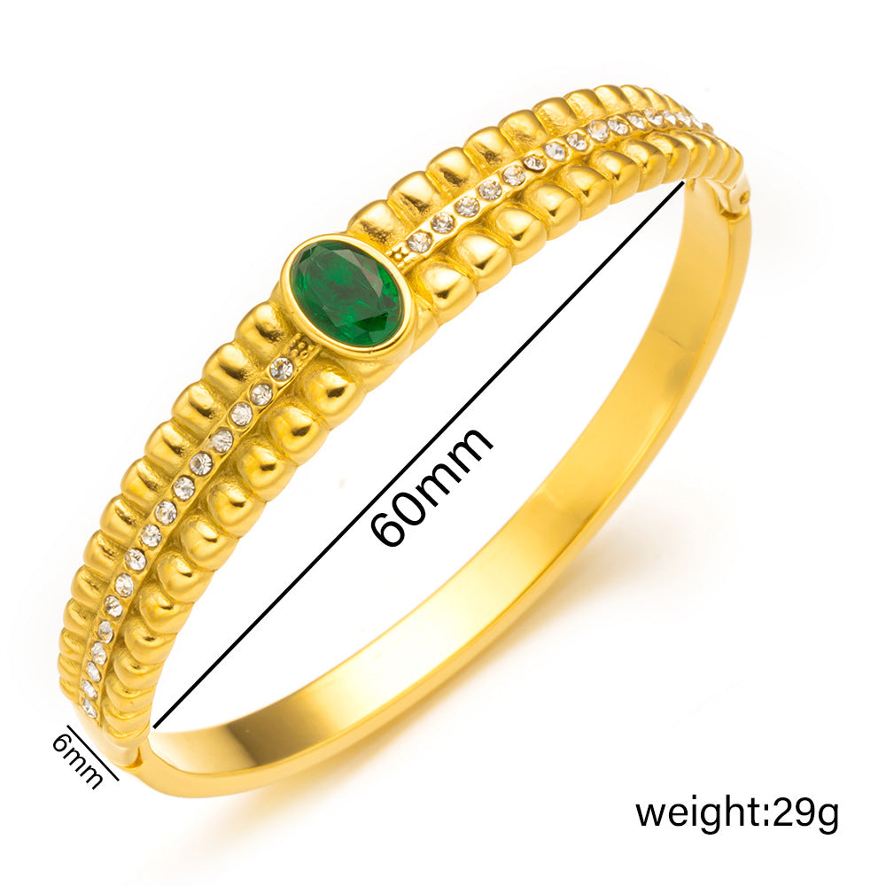 Bracciale da donna in acciaio inossidabile a rombi cavi stile vintage con intarsio in zircone verde