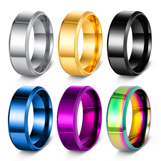 Anillo minimalista unisex de 8 mm de acero inoxidable pulido y chapado para boda