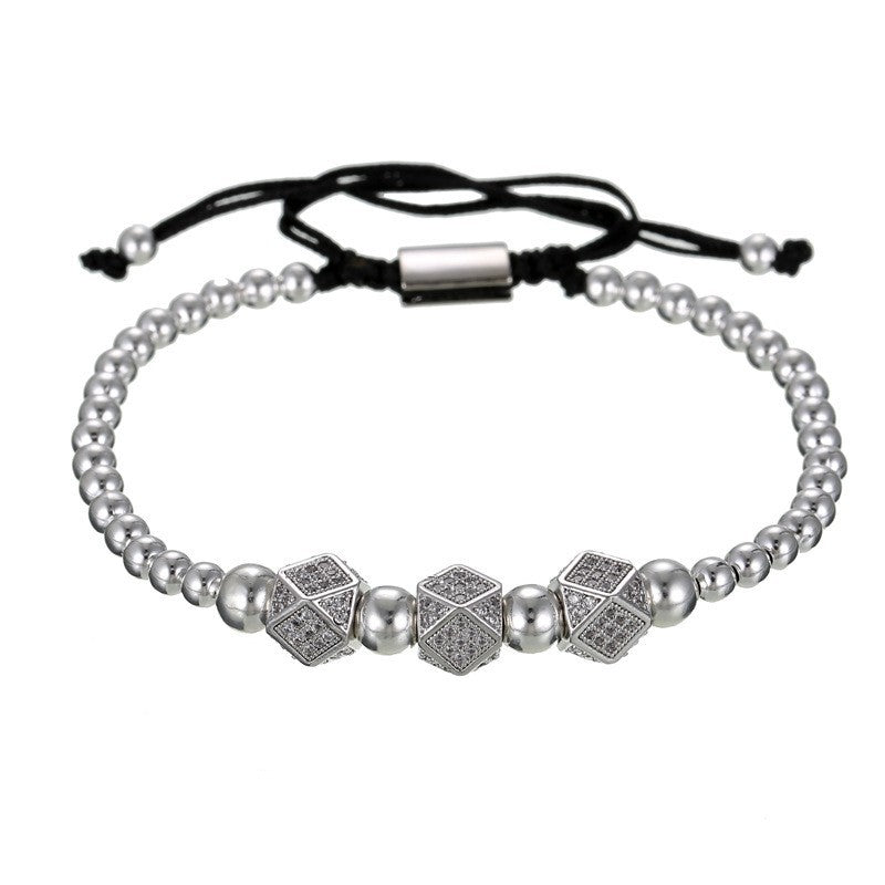 Unique Geometric Handmade Brass Bracelet with Cubic Zirconia and Adjustable Beads