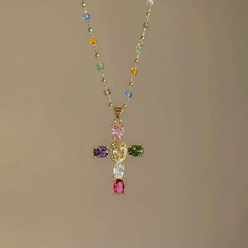 Sweet Colorful Cross Zinc Alloy Plated Necklace with Crystal Cubic Zirconia Inlay for Unisex