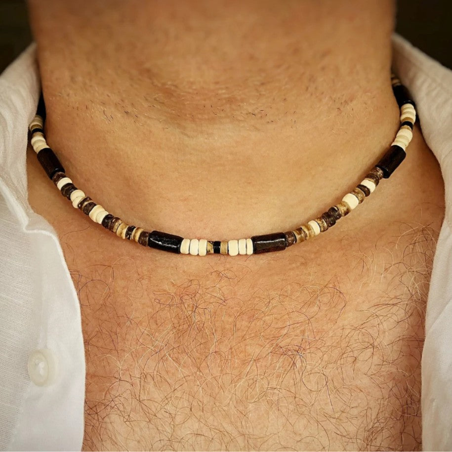 Bohemian Hip-hop Geometric Wood Bead Coconut Shell Stainless Steel Necklace for Men and Women