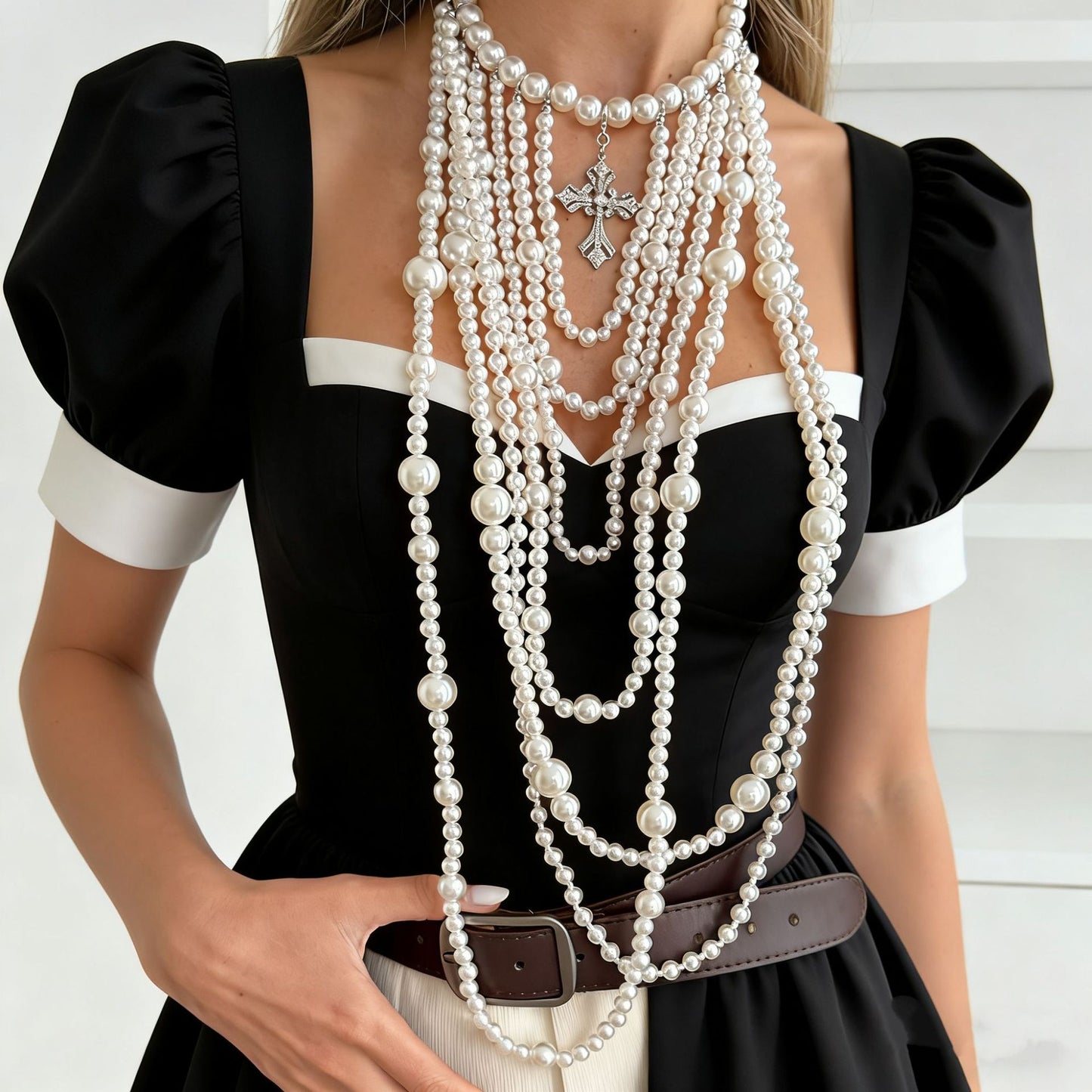 Collana a strati da donna con catena a sfera, perle barocche vintage francesi, croce geometrica