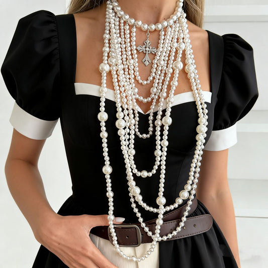Vintage French Baroque Pearl Geometric Cross Multi-Layer Ball Chain Necklace for Women