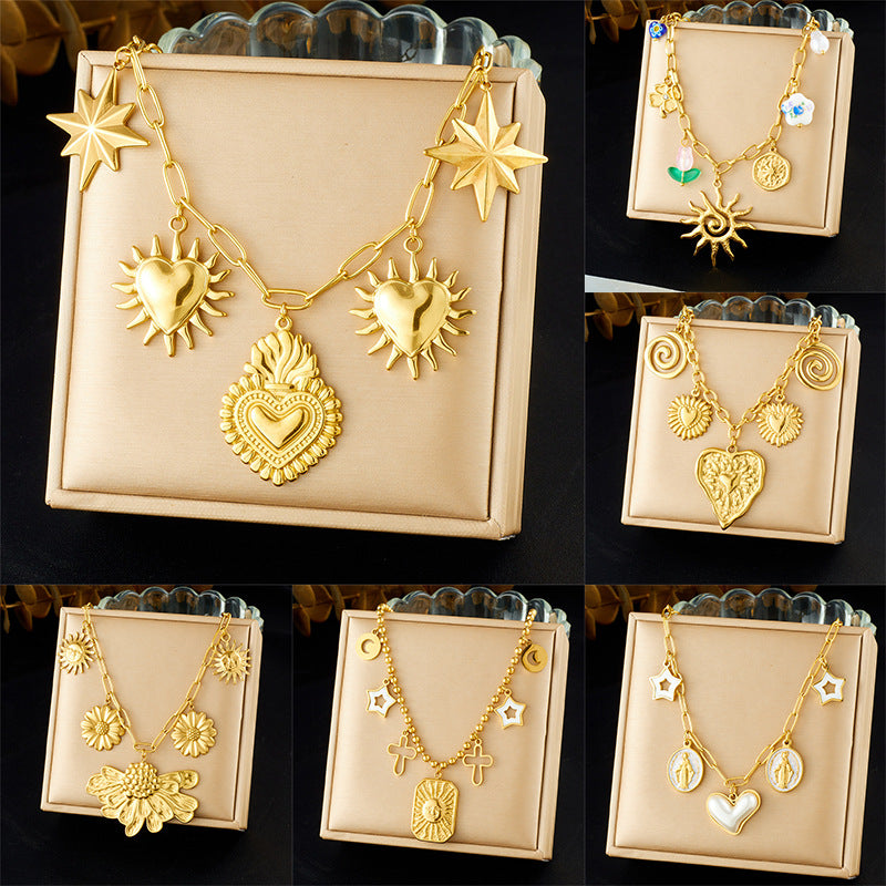 Vintage Chic Gold Plated Stainless Steel Heart Floral Cross Square Pendant Necklace for Women