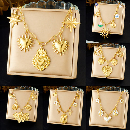 Vintage Chic Gold Plated Stainless Steel Heart Floral Cross Square Pendant Necklace for Women