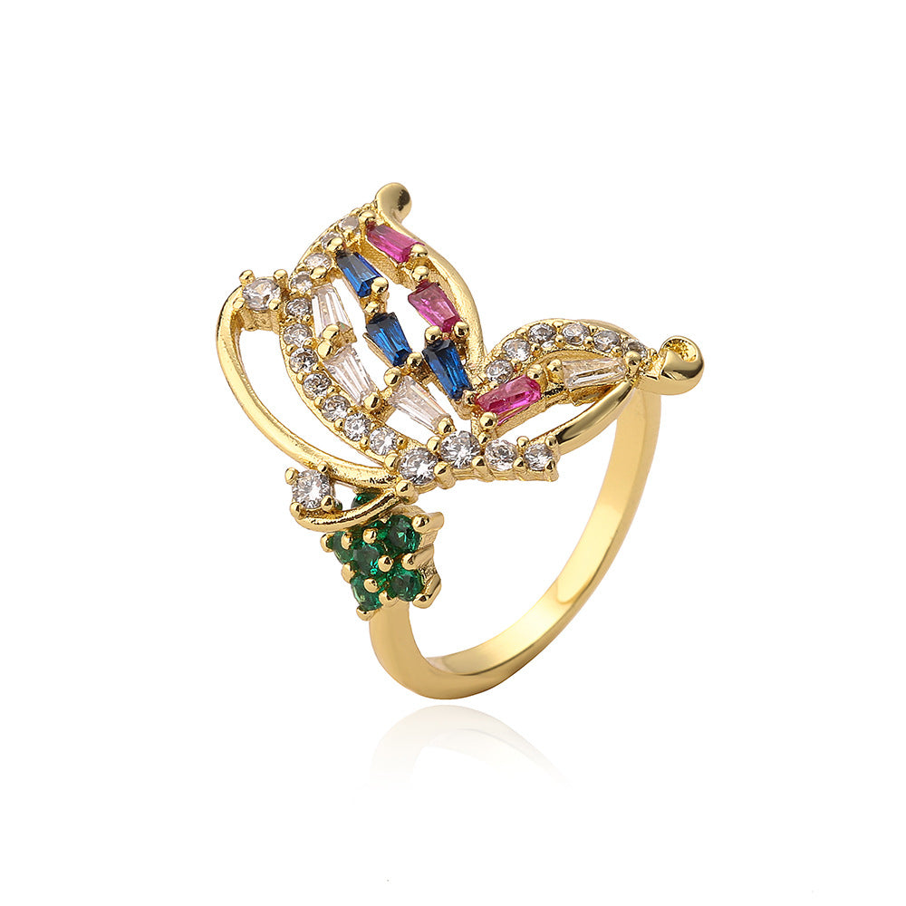 Fashion Minimalist Geometric Butterfly Leaf Floral Open Ring for Women in Brass with Real Gold Plating and Zircon Inlay