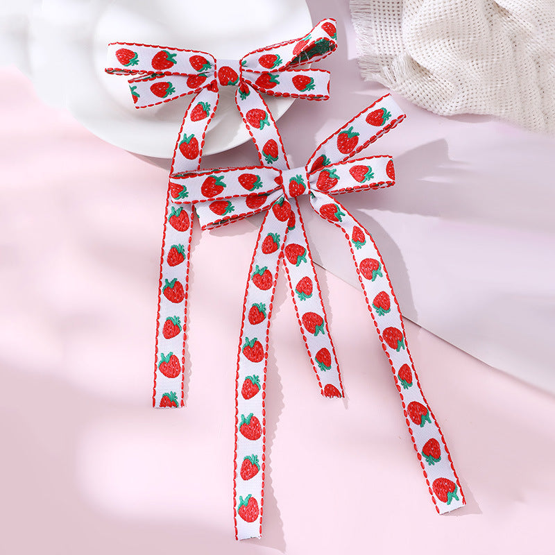 Natural Style Bow-Shaped Hair Clip Set for Kids with Red Satin Ribbon and Strawberry Embroidery Design