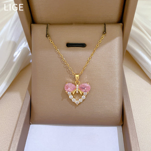 Minimalist Bowknot Heart Shaped Zirconia Encrusted Necklace for Women Stainless Steel Delicate Clavicle Chain